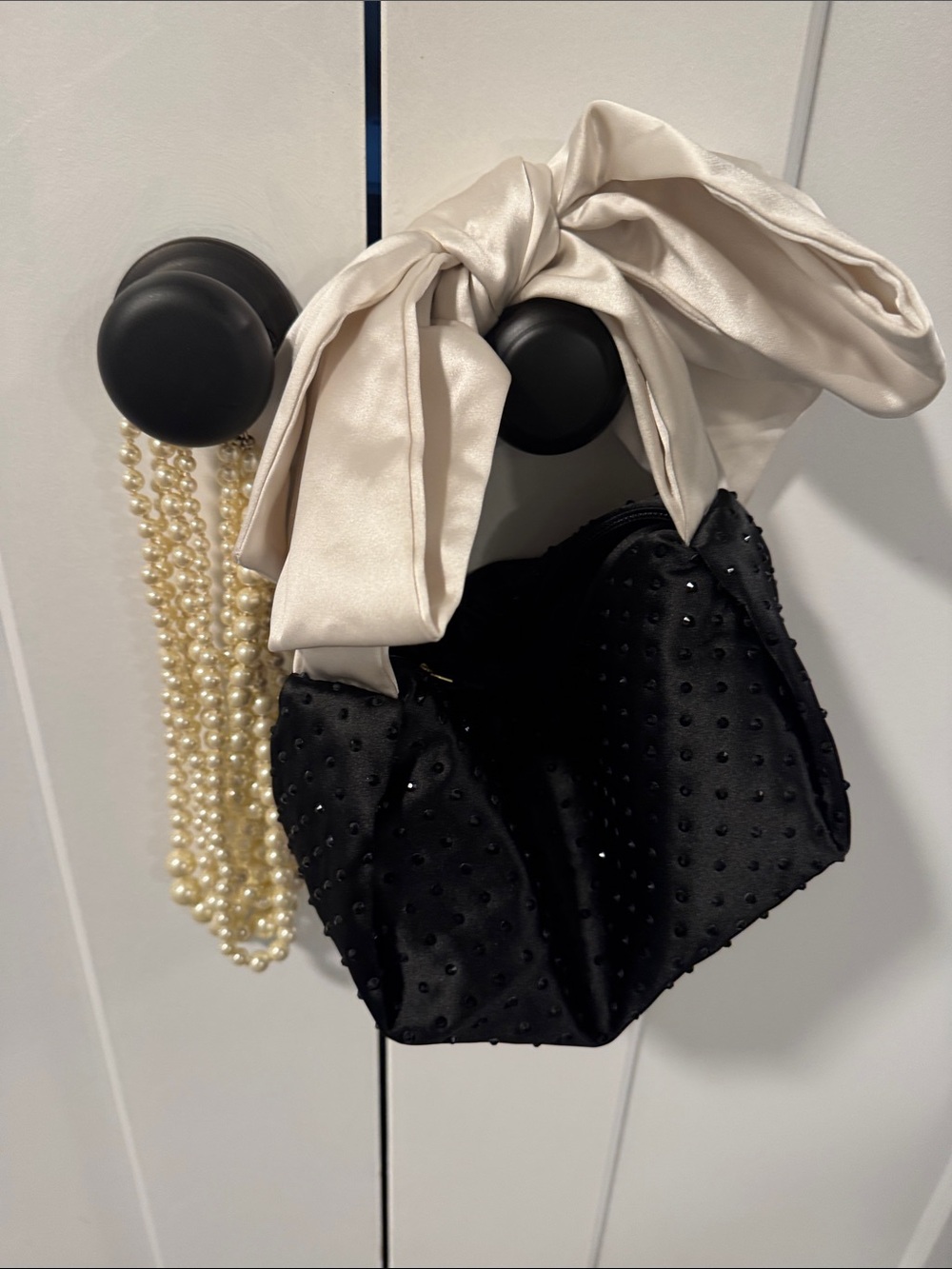 J. Crew Black Satin Mini Bag with Cream Bow Handle plus pearl necklace